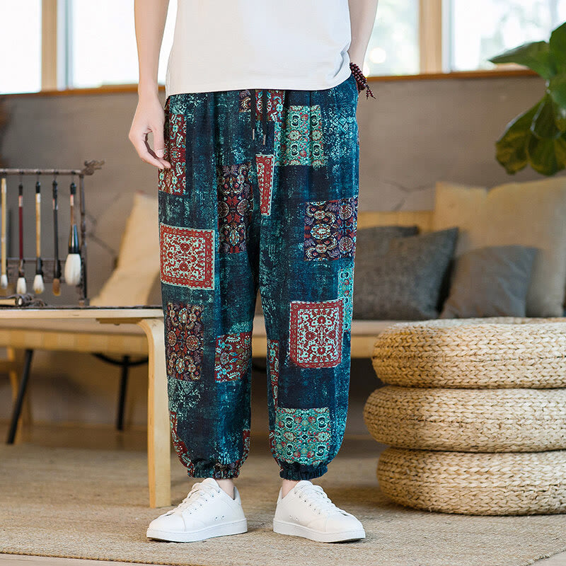 Pantaloni harem da uomo in cotone e lino patchwork con tasche, lunghezza alla caviglia, con motivo Buddha Stones Summer Square