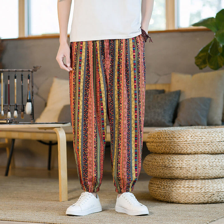 Pantaloni harem da uomo in cotone e lino a righe colorate con tasche, alla caviglia, con motivo Buddha Stones