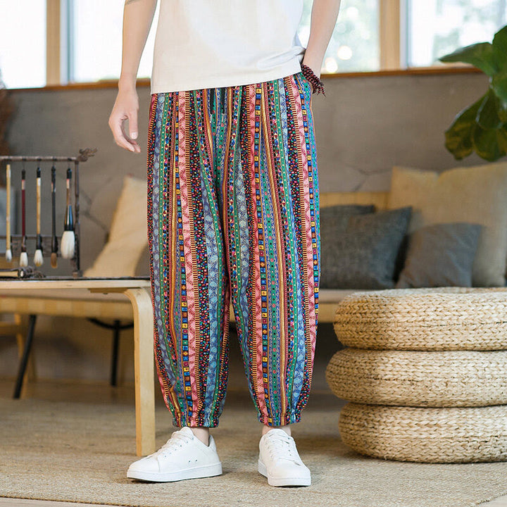 Pantaloni harem da uomo in cotone e lino a righe colorate con tasche, alla caviglia, con motivo Buddha Stones