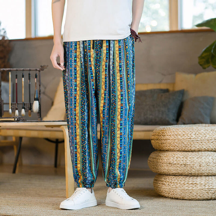 Pantaloni harem da uomo in cotone e lino a righe colorate con tasche, alla caviglia, con motivo Buddha Stones