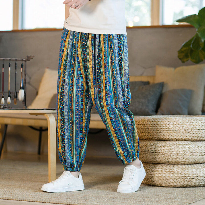 Pantaloni harem da uomo in cotone e lino a righe colorate con tasche, alla caviglia, con motivo Buddha Stones