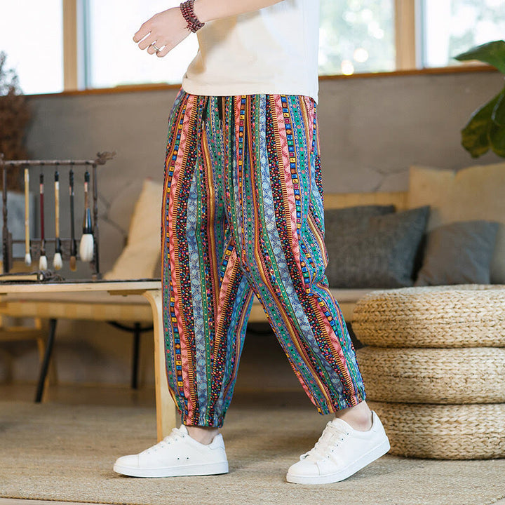 Pantaloni harem da uomo in cotone e lino a righe colorate con tasche, alla caviglia, con motivo Buddha Stones