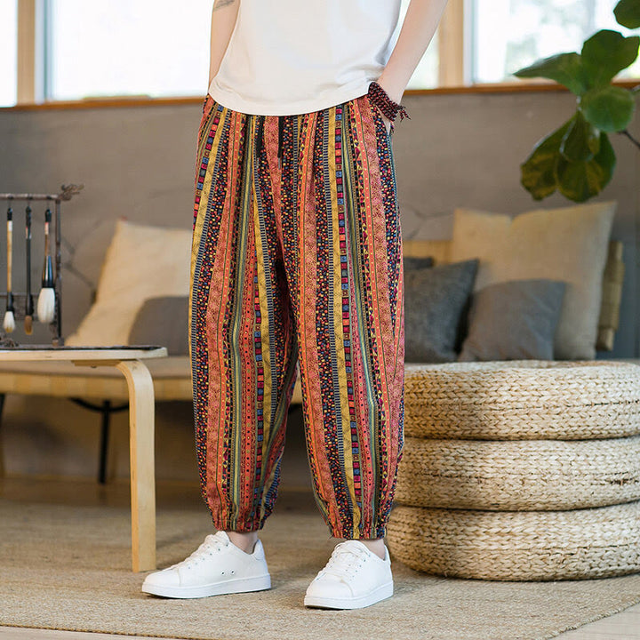Pantaloni harem da uomo in cotone e lino a righe colorate con tasche, alla caviglia, con motivo Buddha Stones