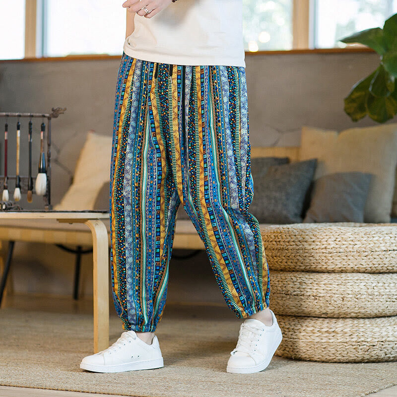 Pantaloni harem da uomo in cotone e lino a righe colorate con tasche, alla caviglia, con motivo Buddha Stones - Cielo blu - US/UK/AU46, EU56 (5XL) - image 0