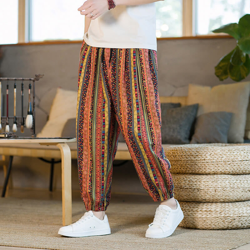 Pantaloni harem da uomo in cotone e lino a righe colorate con tasche, alla caviglia, con motivo Buddha Stones
