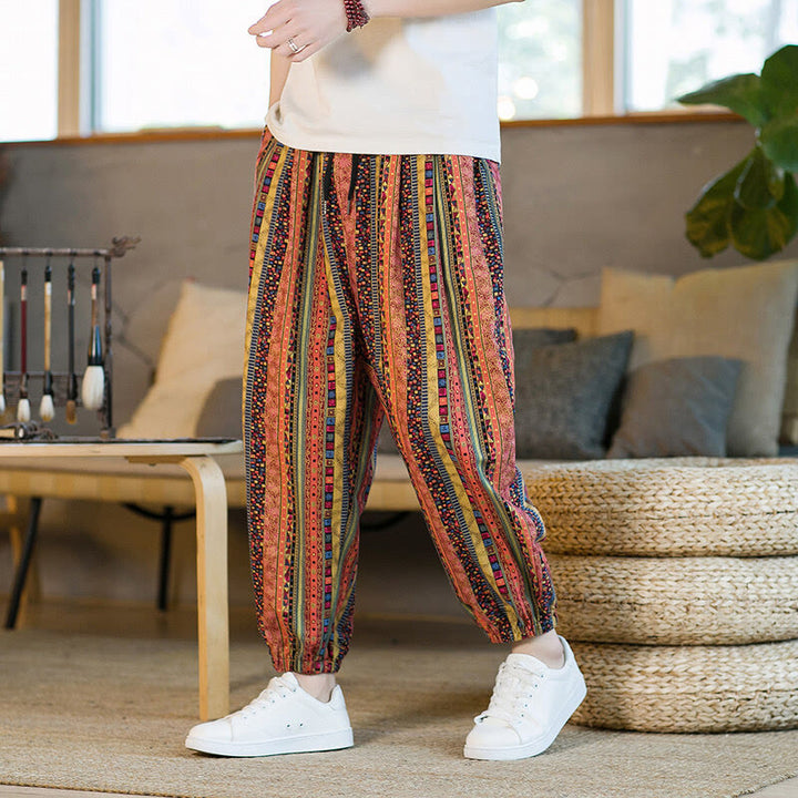 Pantaloni harem da uomo in cotone e lino a righe colorate con tasche, alla caviglia, con motivo Buddha Stones