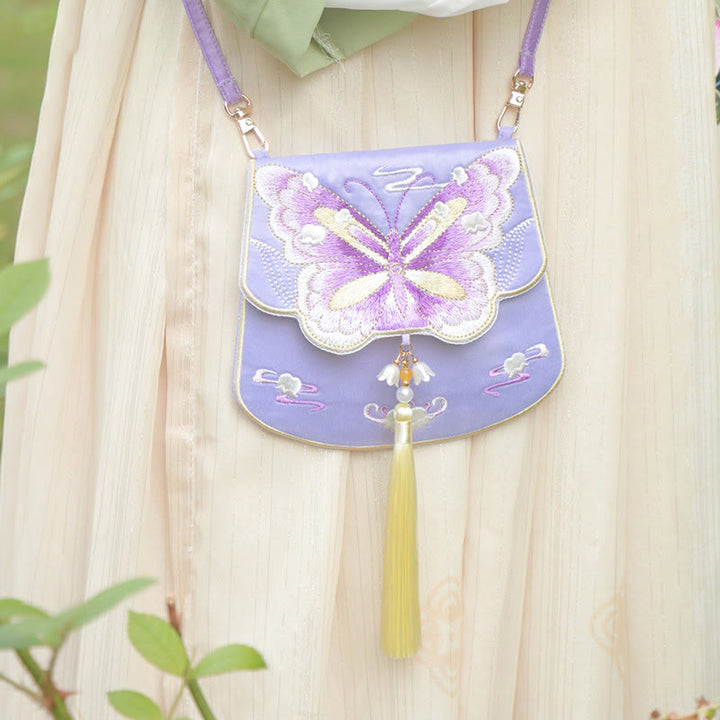 Buddha Stones Fortuna Ricamo Loto Koi Pesce Coniglio Fiore Borsa Hanfu Borsa a Tracolla Borsa a Tracolla - Farfalla viola - image 23
