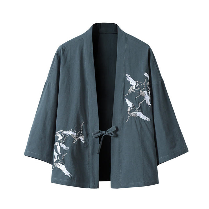 Kimono da uomo in cotone e lino con ricamo Buddha Stones e gru bianche volanti, giacca aperta sul davanti