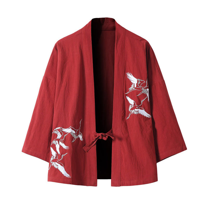 Kimono da uomo in cotone e lino con ricamo Buddha Stones e gru bianche volanti, giacca aperta sul davanti