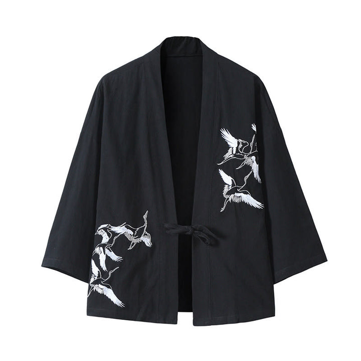 Kimono da uomo in cotone e lino con ricamo Buddha Stones e gru bianche volanti, giacca aperta sul davanti