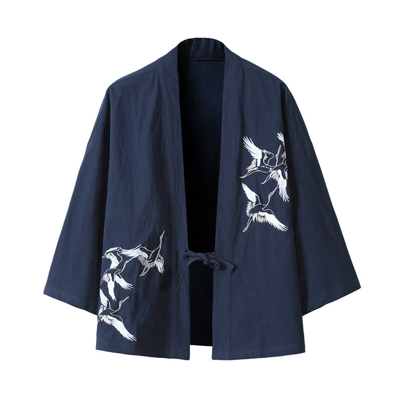 Kimono da uomo in cotone e lino con ricamo Buddha Stones e gru bianche volanti, giacca aperta sul davanti