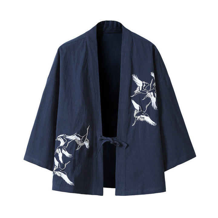 Kimono da uomo in cotone e lino con ricamo Buddha Stones e gru bianche volanti, giacca aperta sul davanti
