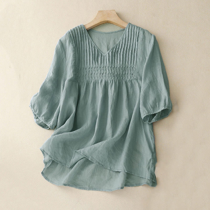 Camicia da donna in cotone a maniche corte, casual, ampia e semplice, con scollo a V e motivo Buddha Stones