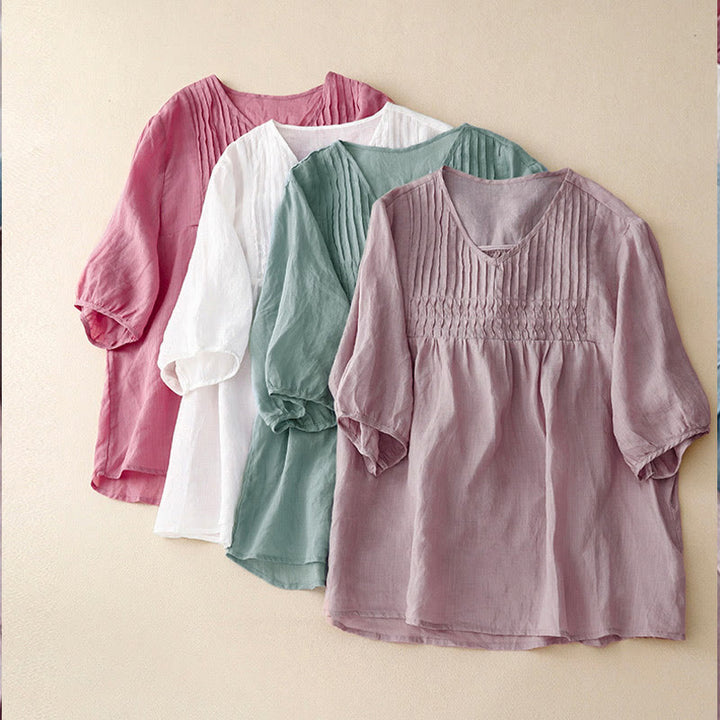 Camicia da donna in cotone a maniche corte, casual, ampia e semplice, con scollo a V e motivo Buddha Stones