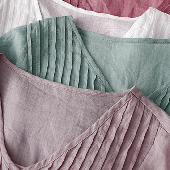 Camicia da donna in cotone a maniche corte, casual, ampia e semplice, con scollo a V e motivo Buddha Stones