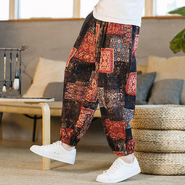 Pantaloni harem da uomo in cotone e lino patchwork con tasche, lunghezza alla caviglia, con motivo Buddha Stones Summer Square