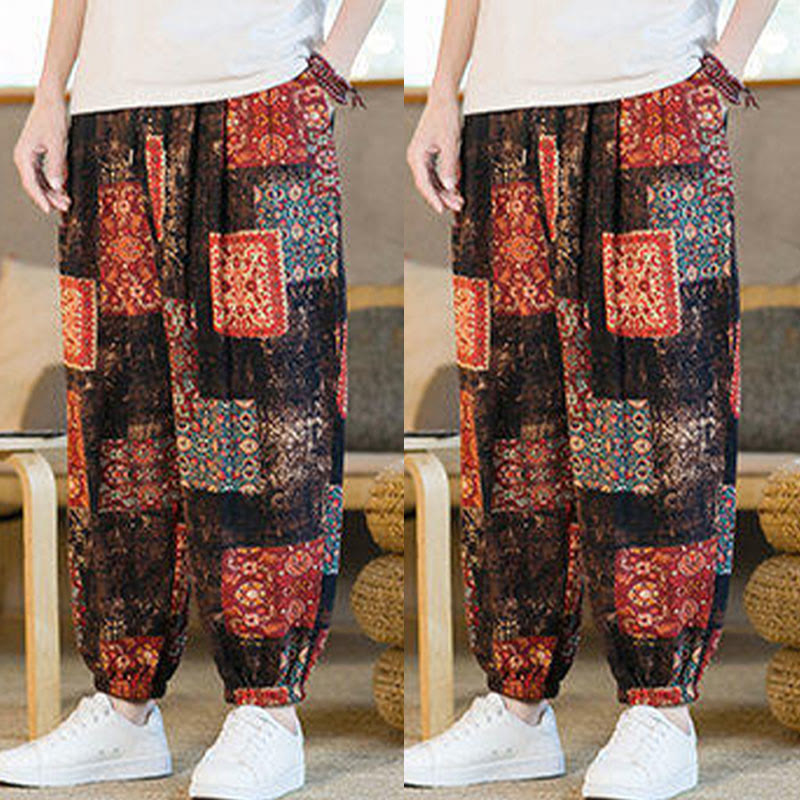Pantaloni harem da uomo in cotone e lino patchwork con tasche, lunghezza alla caviglia, con motivo Buddha Stones Summer Square