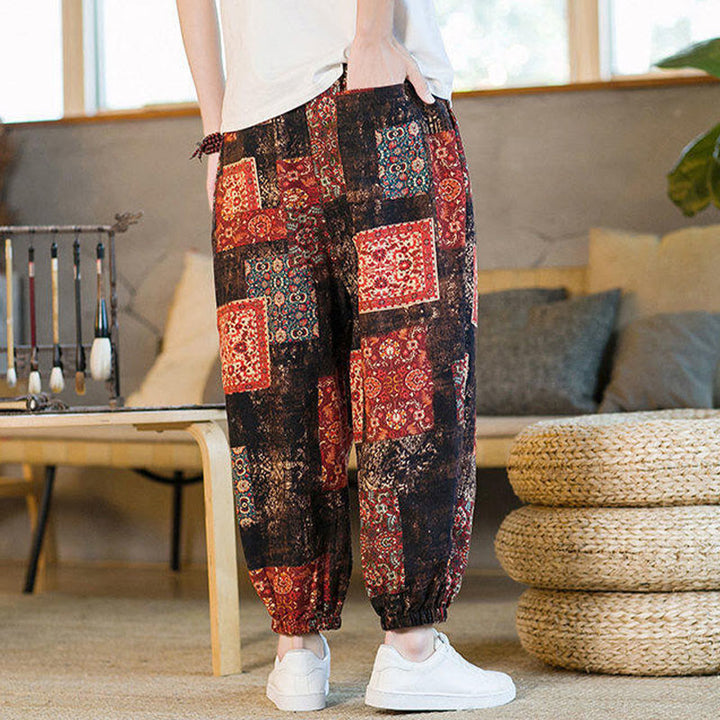 Pantaloni harem da uomo in cotone e lino patchwork con tasche, lunghezza alla caviglia, con motivo Buddha Stones Summer Square