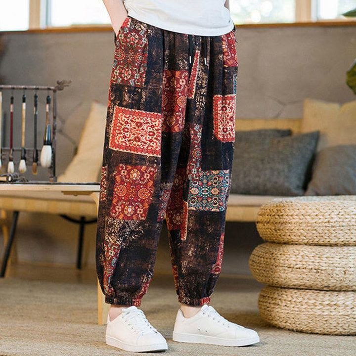 Pantaloni harem da uomo in cotone e lino patchwork con tasche, lunghezza alla caviglia, con motivo Buddha Stones Summer Square