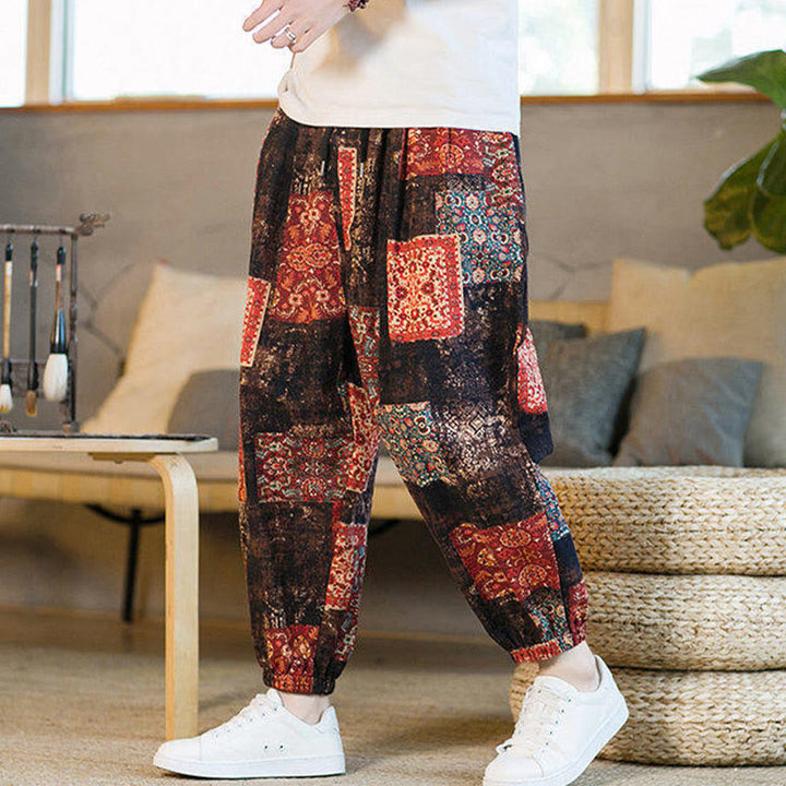Pantaloni harem da uomo in cotone e lino patchwork con tasche, lunghezza alla caviglia, con motivo Buddha Stones Summer Square