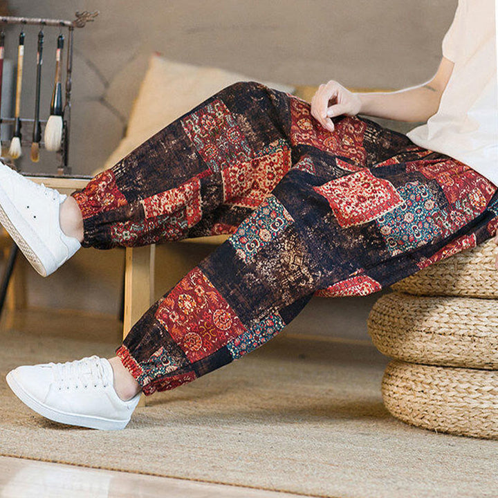 Pantaloni harem da uomo in cotone e lino patchwork con tasche, lunghezza alla caviglia, con motivo Buddha Stones Summer Square