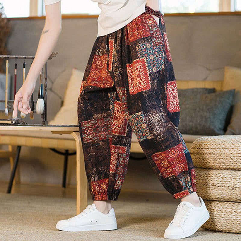 Pantaloni harem da uomo in cotone e lino patchwork con tasche, lunghezza alla caviglia, con motivo Buddha Stones Summer Square