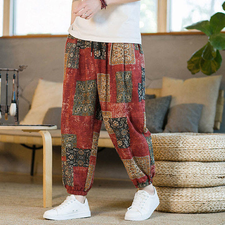 Pantaloni harem da uomo in cotone e lino patchwork con tasche, lunghezza alla caviglia, con motivo Buddha Stones Summer Square