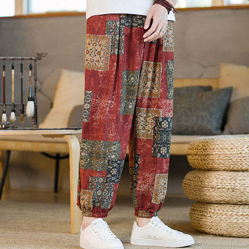 Pantaloni harem da uomo in cotone e lino patchwork con tasche, lunghezza alla caviglia, con motivo Buddha Stones Summer Square