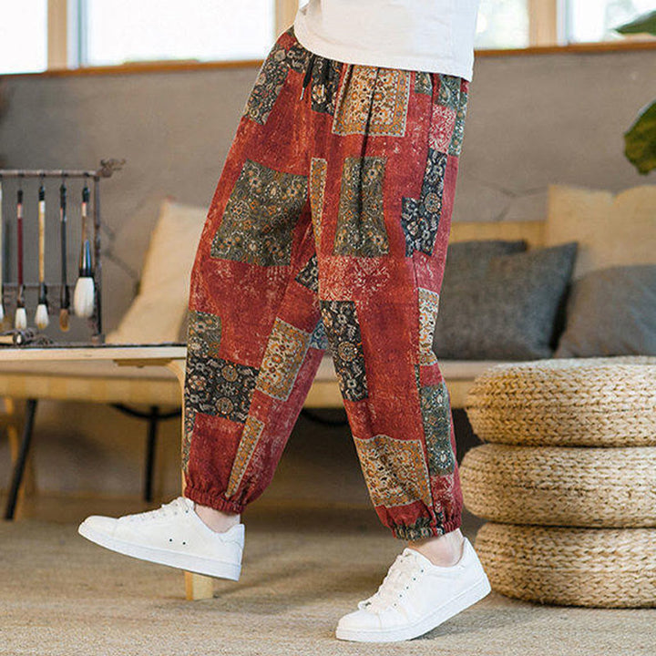 Pantaloni harem da uomo in cotone e lino patchwork con tasche, lunghezza alla caviglia, con motivo Buddha Stones Summer Square