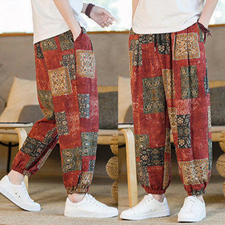 Pantaloni harem da uomo in cotone e lino patchwork con tasche, lunghezza alla caviglia, con motivo Buddha Stones Summer Square
