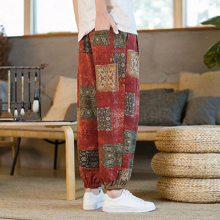 Pantaloni harem da uomo in cotone e lino patchwork con tasche, lunghezza alla caviglia, con motivo Buddha Stones Summer Square