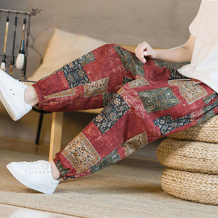 Pantaloni harem da uomo in cotone e lino patchwork con tasche, lunghezza alla caviglia, con motivo Buddha Stones Summer Square