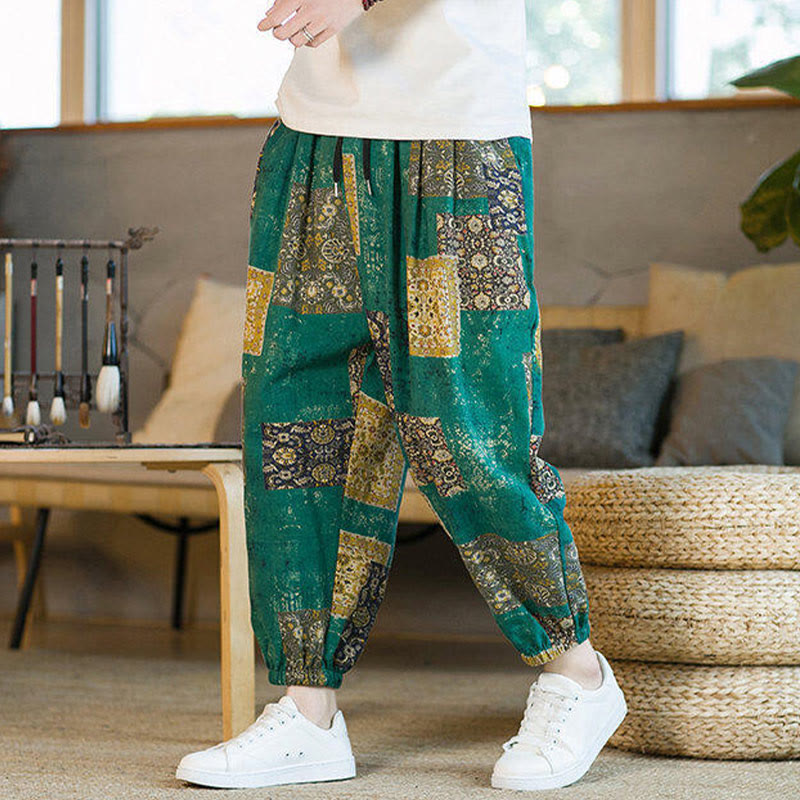 Pantaloni harem da uomo in cotone e lino patchwork con tasche, lunghezza alla caviglia, con motivo Buddha Stones Summer Square