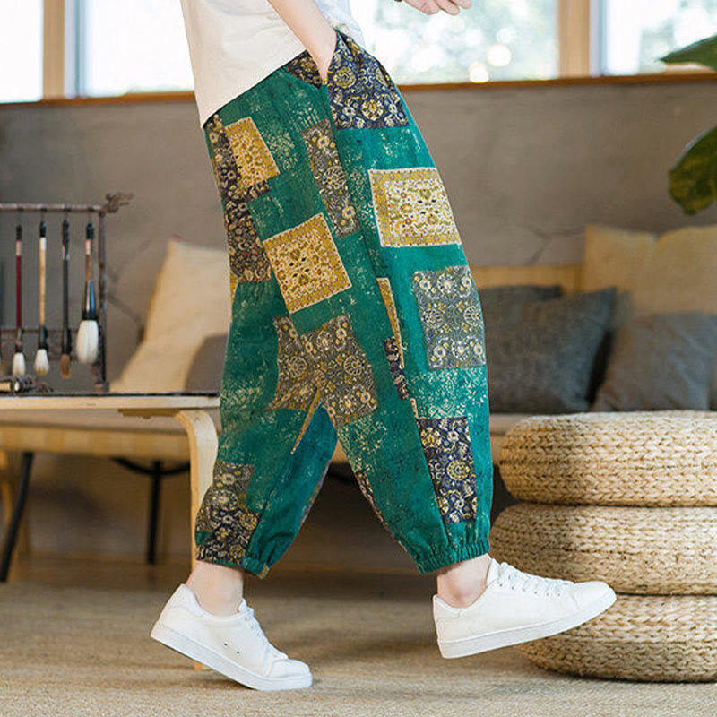 Pantaloni harem da uomo in cotone e lino patchwork con tasche, lunghezza alla caviglia, con motivo Buddha Stones Summer Square