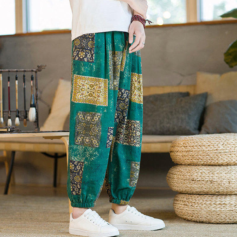 Pantaloni harem da uomo in cotone e lino patchwork con tasche, lunghezza alla caviglia, con motivo Buddha Stones Summer Square