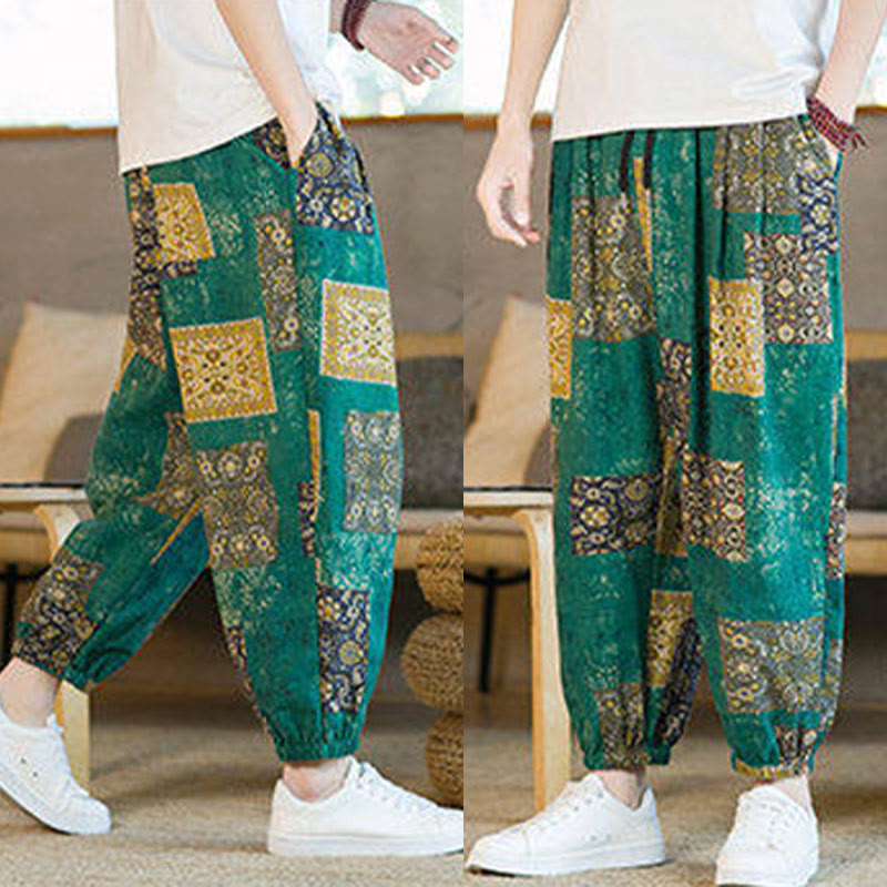 Pantaloni harem da uomo in cotone e lino patchwork con tasche, lunghezza alla caviglia, con motivo Buddha Stones Summer Square