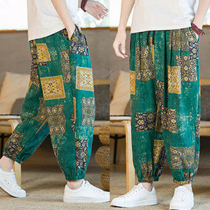 Pantaloni harem da uomo in cotone e lino patchwork con tasche, lunghezza alla caviglia, con motivo Buddha Stones Summer Square