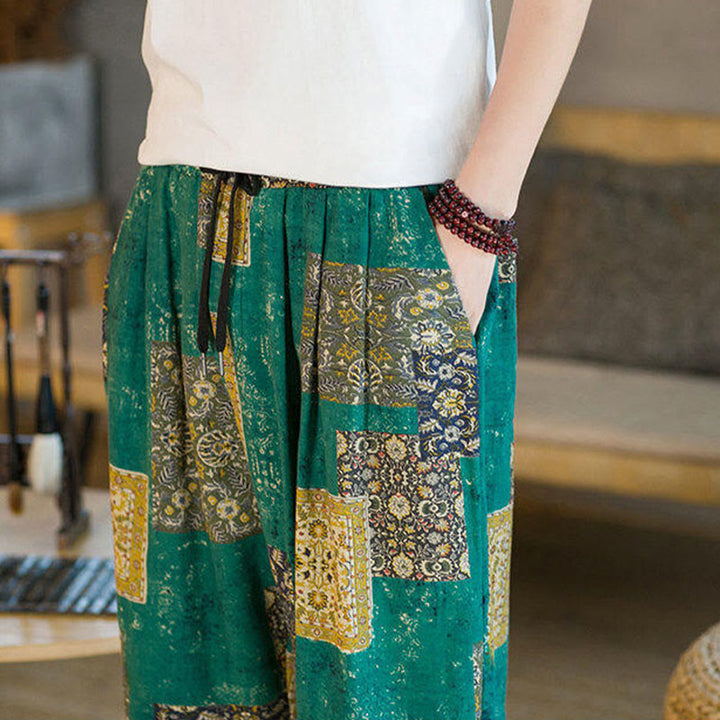 Pantaloni harem da uomo in cotone e lino patchwork con tasche, lunghezza alla caviglia, con motivo Buddha Stones Summer Square