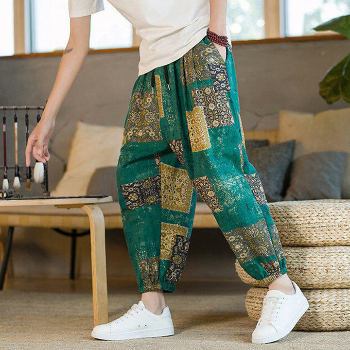 Pantaloni harem da uomo in cotone e lino patchwork con tasche, lunghezza alla caviglia, con motivo Buddha Stones Summer Square