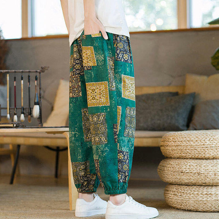 Pantaloni harem da uomo in cotone e lino patchwork con tasche, lunghezza alla caviglia, con motivo Buddha Stones Summer Square