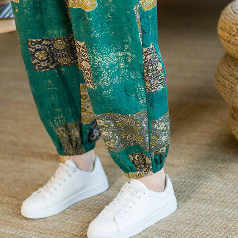 Pantaloni harem da uomo in cotone e lino patchwork con tasche, lunghezza alla caviglia, con motivo Buddha Stones Summer Square