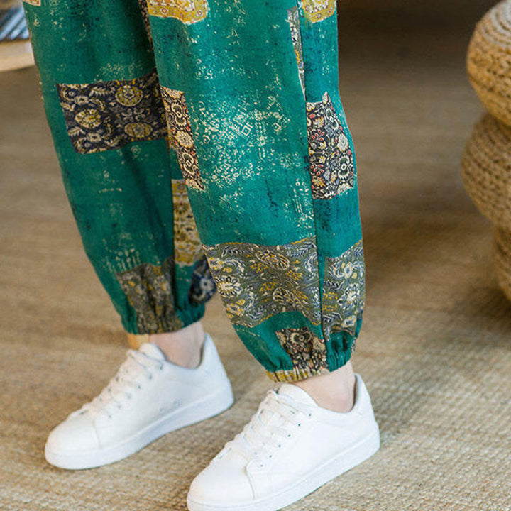 Pantaloni harem da uomo in cotone e lino patchwork con tasche, lunghezza alla caviglia, con motivo Buddha Stones Summer Square
