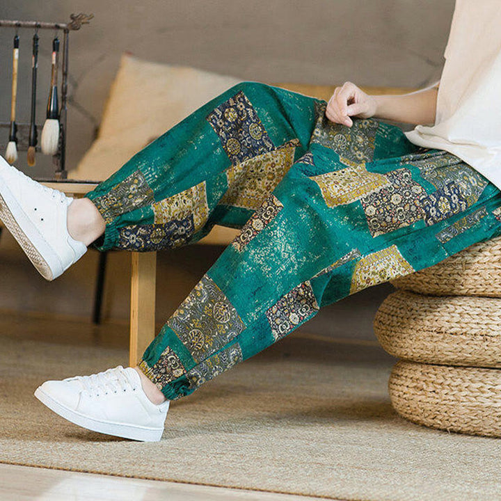 Pantaloni harem da uomo in cotone e lino patchwork con tasche, lunghezza alla caviglia, con motivo Buddha Stones Summer Square