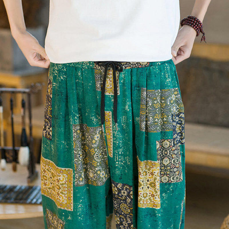 Pantaloni harem da uomo in cotone e lino patchwork con tasche, lunghezza alla caviglia, con motivo Buddha Stones Summer Square
