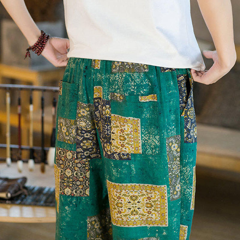Pantaloni harem da uomo in cotone e lino patchwork con tasche, lunghezza alla caviglia, con motivo Buddha Stones Summer Square