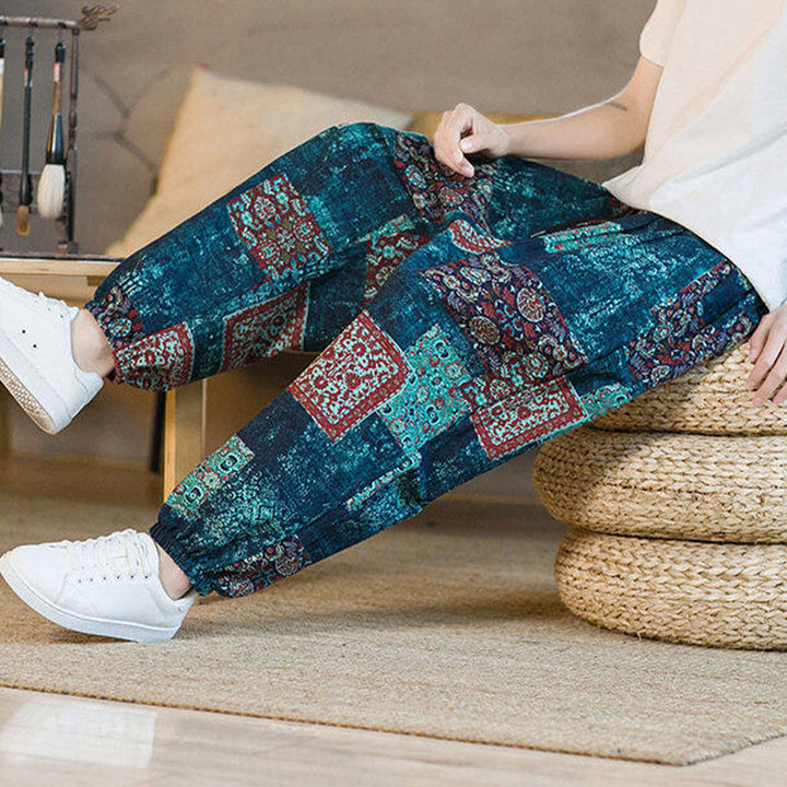 Pantaloni harem da uomo in cotone e lino patchwork con tasche, lunghezza alla caviglia, con motivo Buddha Stones Summer Square