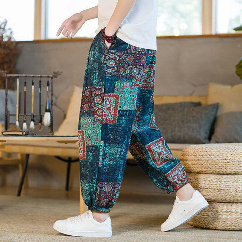 Pantaloni harem da uomo in cotone e lino patchwork con tasche, lunghezza alla caviglia, con motivo Buddha Stones Summer Square