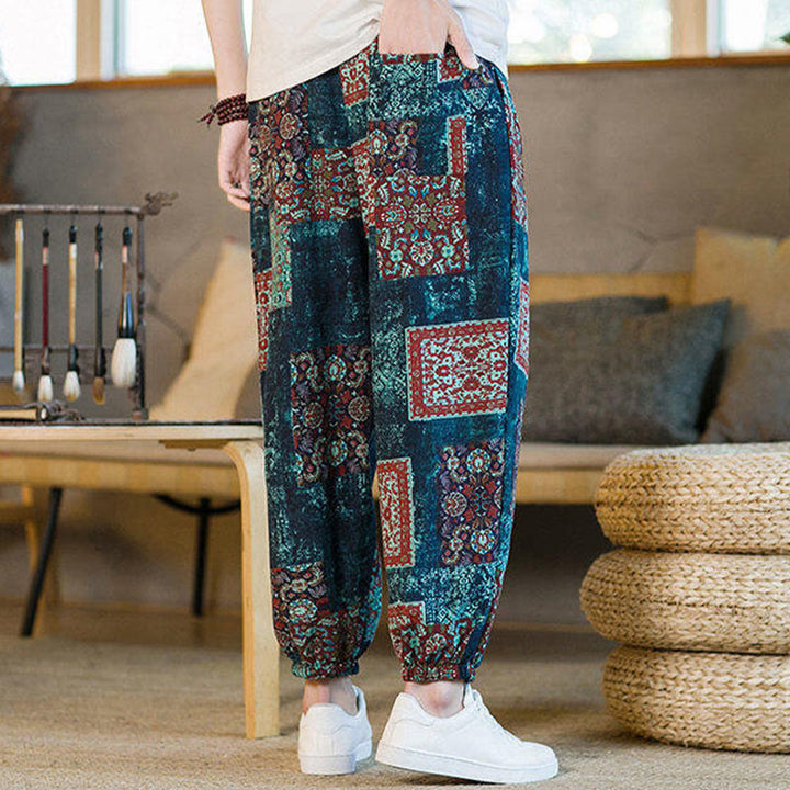 Pantaloni harem da uomo in cotone e lino patchwork con tasche, lunghezza alla caviglia, con motivo Buddha Stones Summer Square