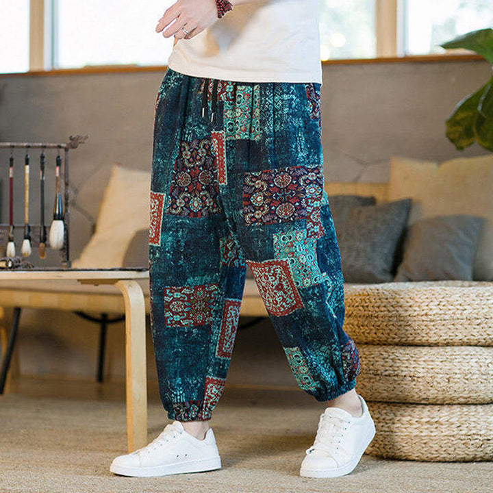 Pantaloni harem da uomo in cotone e lino patchwork con tasche, lunghezza alla caviglia, con motivo Buddha Stones Summer Square