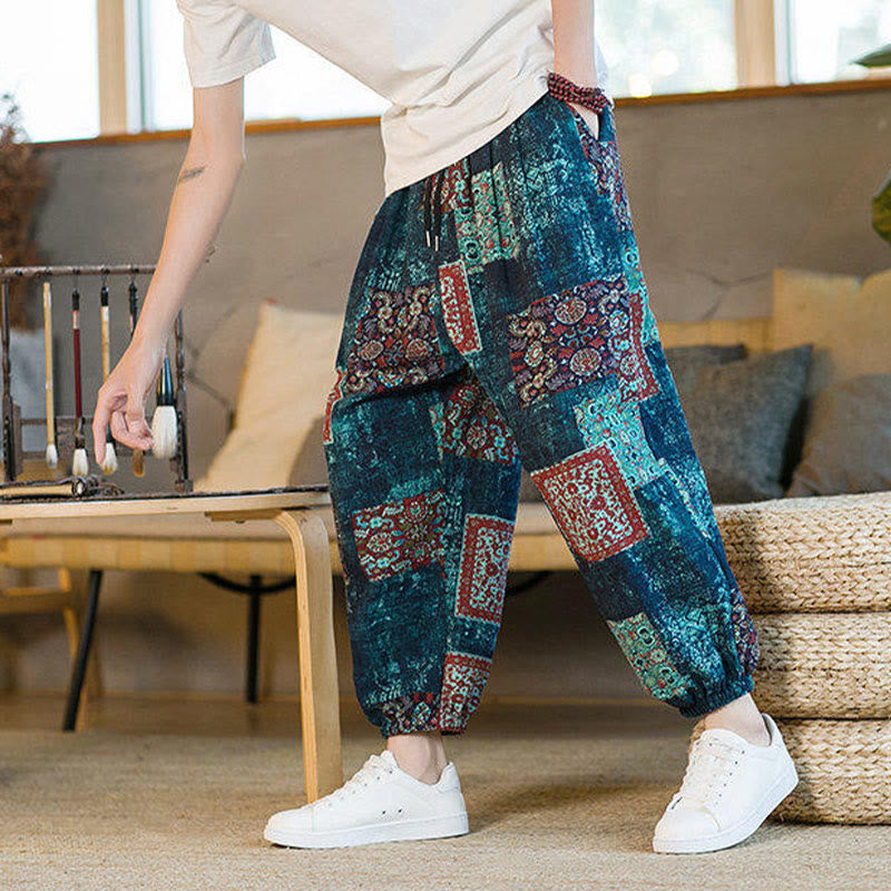 Pantaloni harem da uomo in cotone e lino patchwork con tasche, lunghezza alla caviglia, con motivo Buddha Stones Summer Square